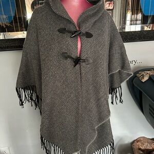 Women's Black and White Herringbone Poncho Coat